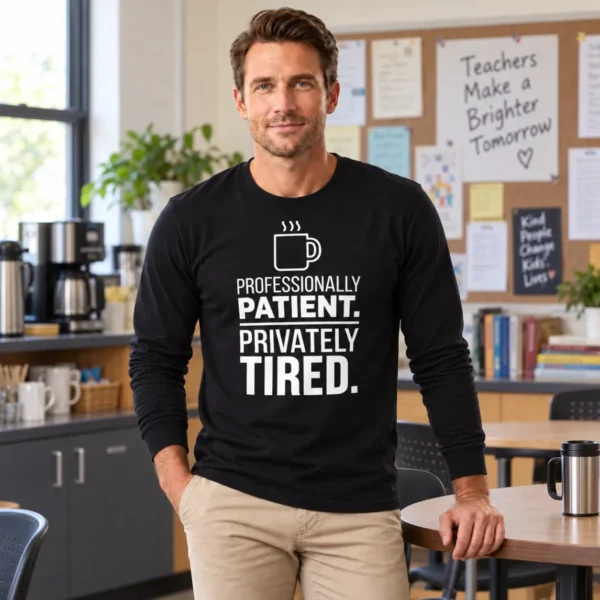 Professionally Patient Privately Tired Long Sleeve Teacher Shirt Professionally Patient Privately Tired unisex long sleeve shirt with a coffee cup graphic in a teachers’ staff lounge