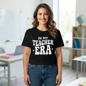 teacher wearing In My Teacher Era T-shirt in classroom