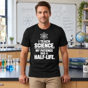 Male science teacher wearing I Teach Science My Patience Has a Half-Life T-shirt in classroom