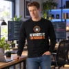 AI Wrote It I Debugged It Long Sleeve Shirt – Developer Model Mockup Model wearing a black “AI Wrote It. I Debugged It.” long sleeve shirt with a bug and orange crosshair graphic in a coding workspace.