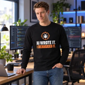 AI Wrote It I Debugged It Long Sleeve Shirt – Developer Model Mockup Model wearing a black “AI Wrote It. I Debugged It.” long sleeve shirt with a bug and orange crosshair graphic in a coding workspace.
