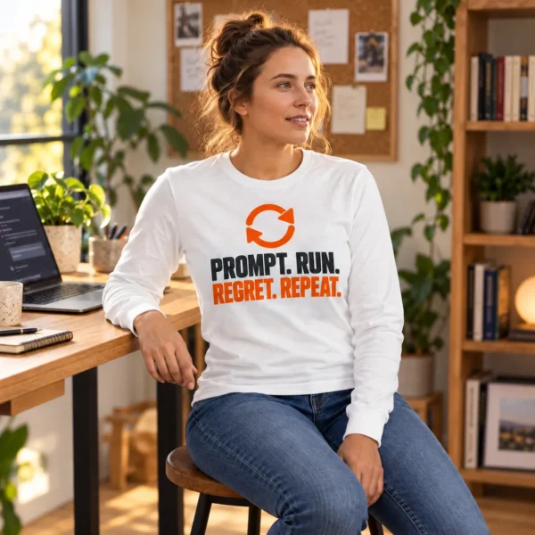 Model wearing a white Prompt Run Regret Repeat long sleeve shirt with an orange repeat icon and near-black and orange lettering
