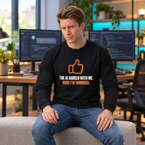 AI Agreed With Me Long Sleeve Shirt Seated model wearing a black “The AI agreed with me. Now I’m worried.” long sleeve shirt with an orange thumbs-up graphic.