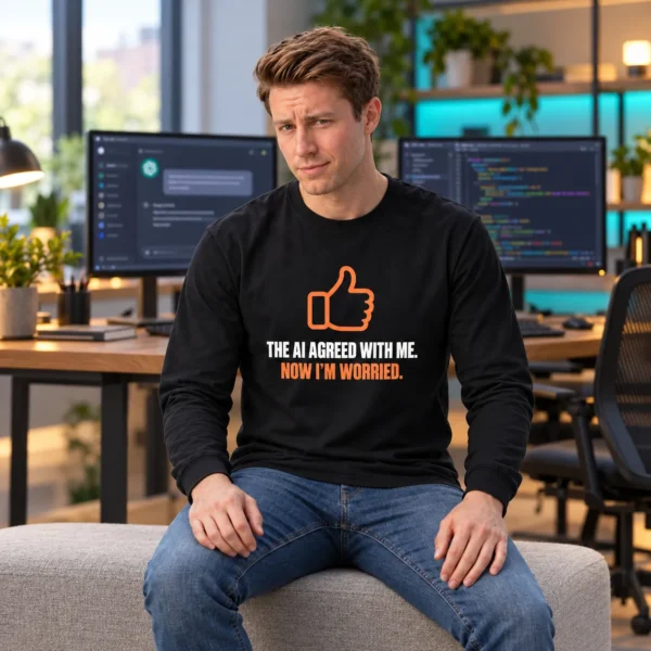 AI Agreed With Me Long Sleeve Shirt Seated model wearing a black “The AI agreed with me. Now I’m worried.” long sleeve shirt with an orange thumbs-up graphic.