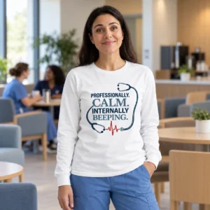 Professionally Calm Internally Beeping Nurse Long Sleeve Shirt – White Professionally Calm Internally Beeping Nurse Long Sleeve Shirt