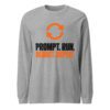 Athletic Heather Prompt Run Regret Repeat long sleeve shirt with orange repeat arrows and near-black and orange slogan