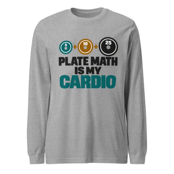 Plate Math Is My Cardio Long Sleeve Shirt – Athletic Heather Front view of the athletic heather Plate Math Is My Cardio long sleeve shirt with numbered weight plates