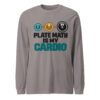 Plate Math Is My Cardio Long Sleeve Shirt – Storm Front view of the storm Plate Math Is My Cardio long sleeve shirt with numbered weight plates