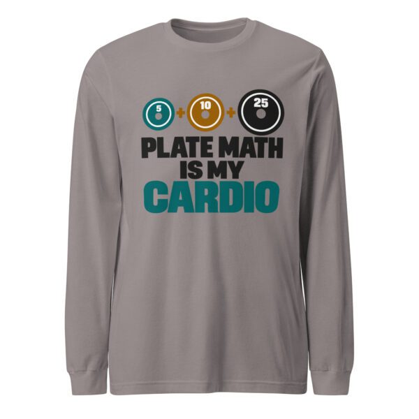 Plate Math Is My Cardio Long Sleeve Shirt – Storm Front view of the storm Plate Math Is My Cardio long sleeve shirt with numbered weight plates