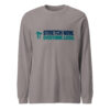 Stretch Now Overthink Later Long Sleeve Shirt – Storm Front view of the storm Stretch Now Overthink Later long sleeve shirt with a small stretching figure