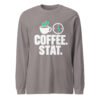 Coffee Stat Nurse Long Sleeve Shirt – Storm Storm Coffee Stat nurse long sleeve shirt with white lettering, coffee cup, clock and mint accents