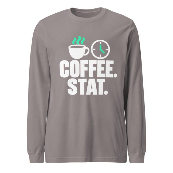 Coffee Stat Nurse Long Sleeve Shirt – Storm Storm Coffee Stat nurse long sleeve shirt with white lettering, coffee cup, clock and mint accents