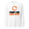 White Prompt Run Regret Repeat long sleeve shirt with orange repeat arrows and near-black and orange slogan